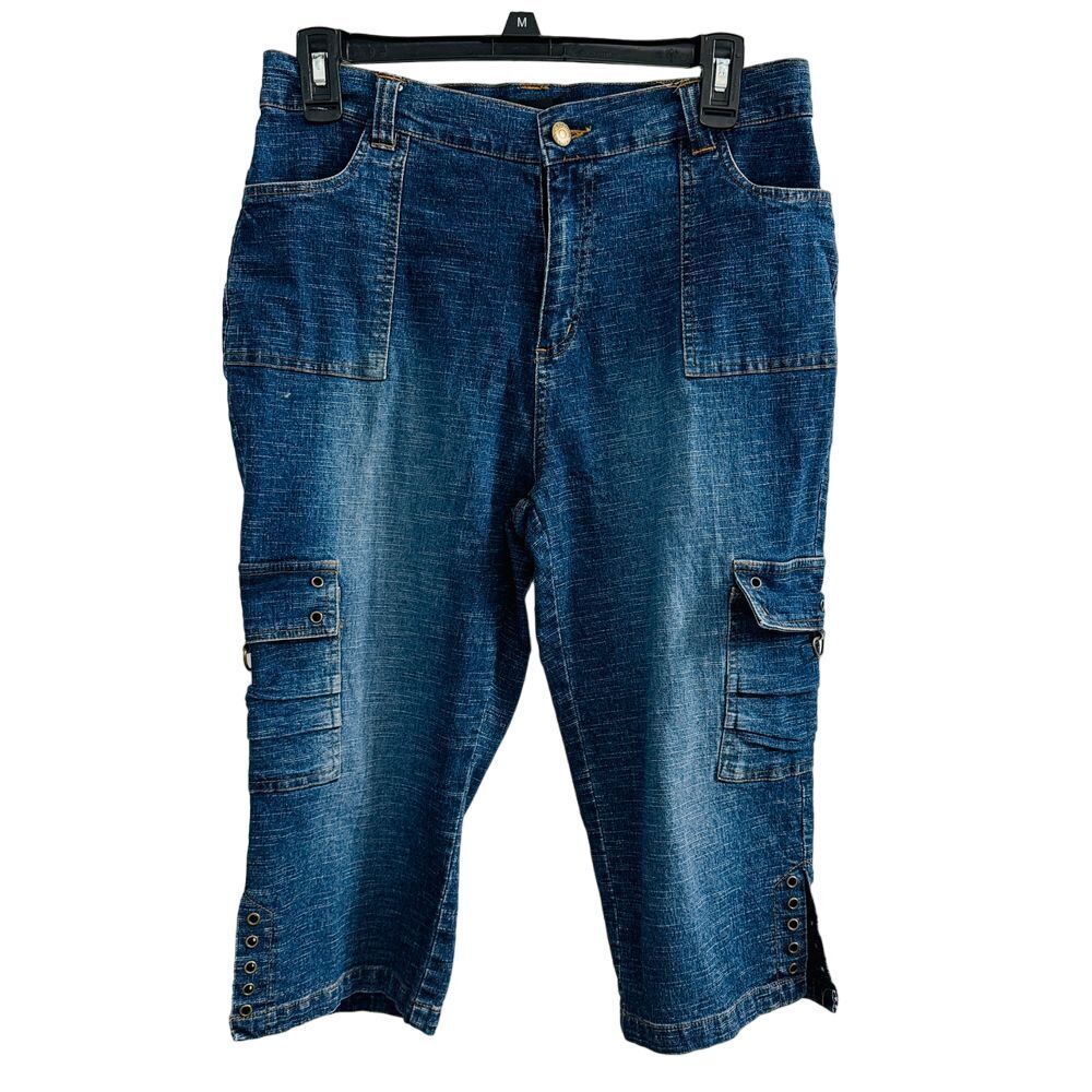 Fashion2Love Cargo Jeans Womens M Fits 10 12‎ Blue Denim Capri High Rise W30 L16
